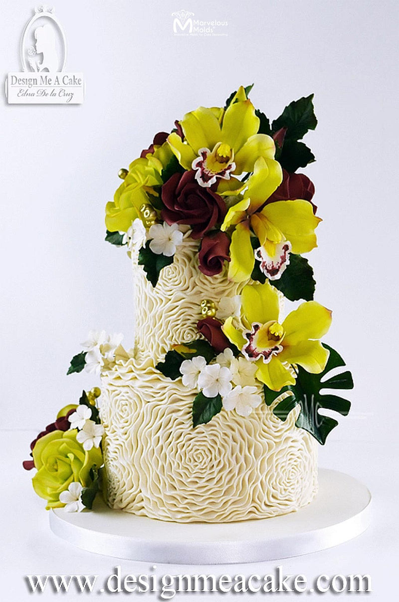 Floral Wedding Cake Decorated Using the Marvelous Molds Rosette Ruffle Silicone Simpress Mold