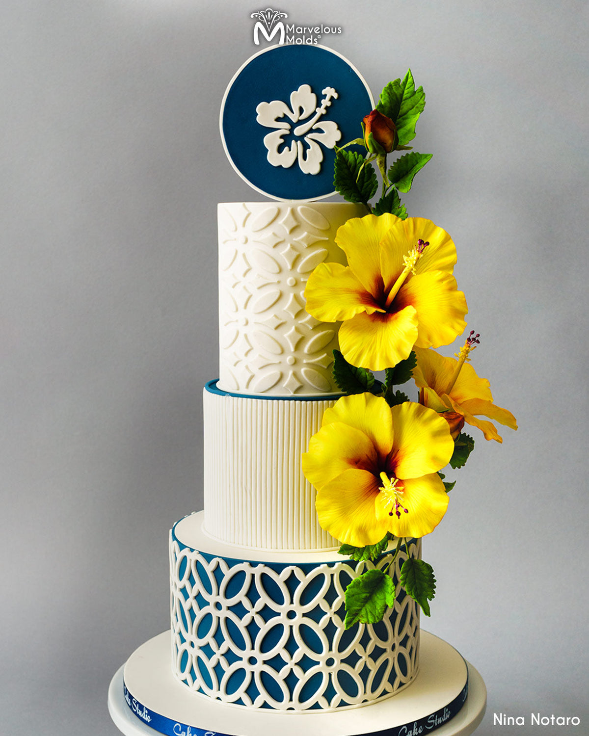Hawaiian State Tropical Flower Hibiscus Wedding Cake with Elegant Patterns Decorated with Marvelous Molds Fluted Simpress Simpress Silicone Mold