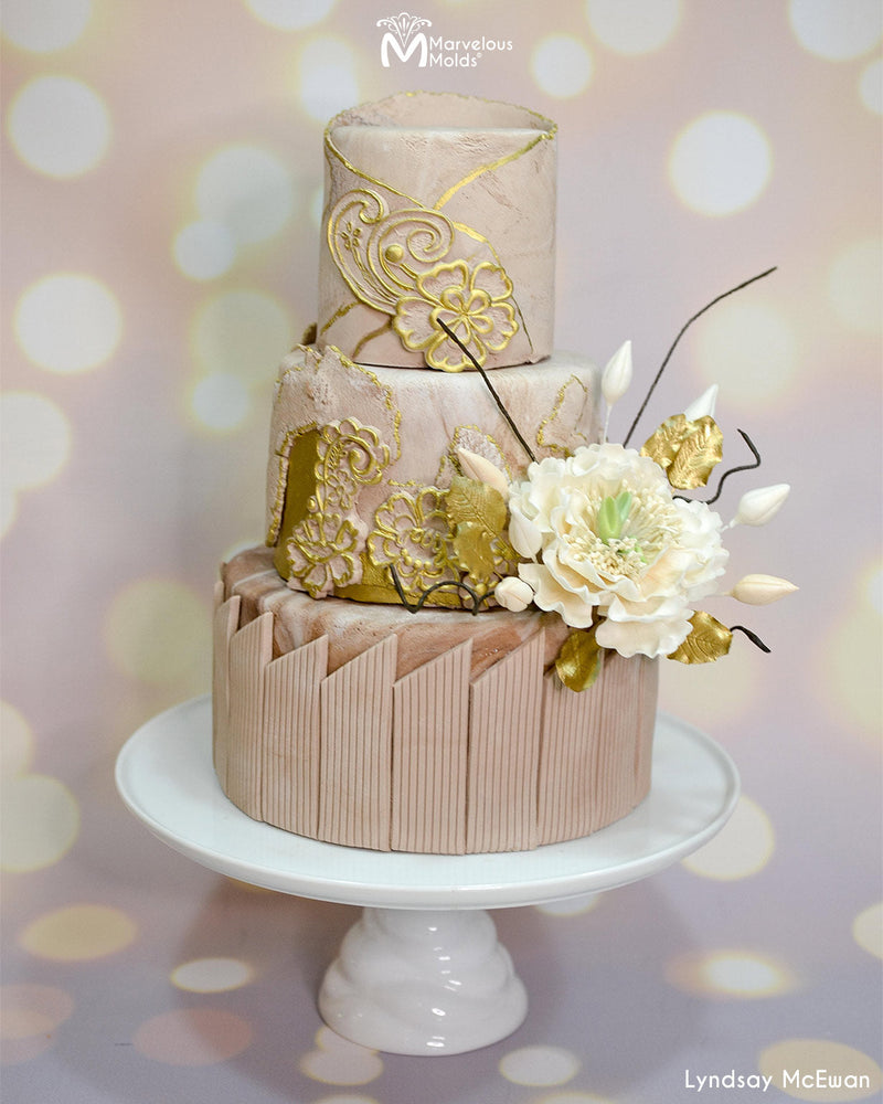 Floral Lace Wedding Cake Decorated with the Marvelous Molds Fluted Simpress Silicone Cake Mold