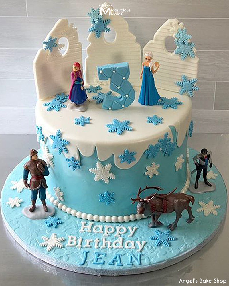 Disney Frozen Birthday Cake Decorated with the Typewriter Lettering Flexabet Silicone Mold by Marvelous Molds