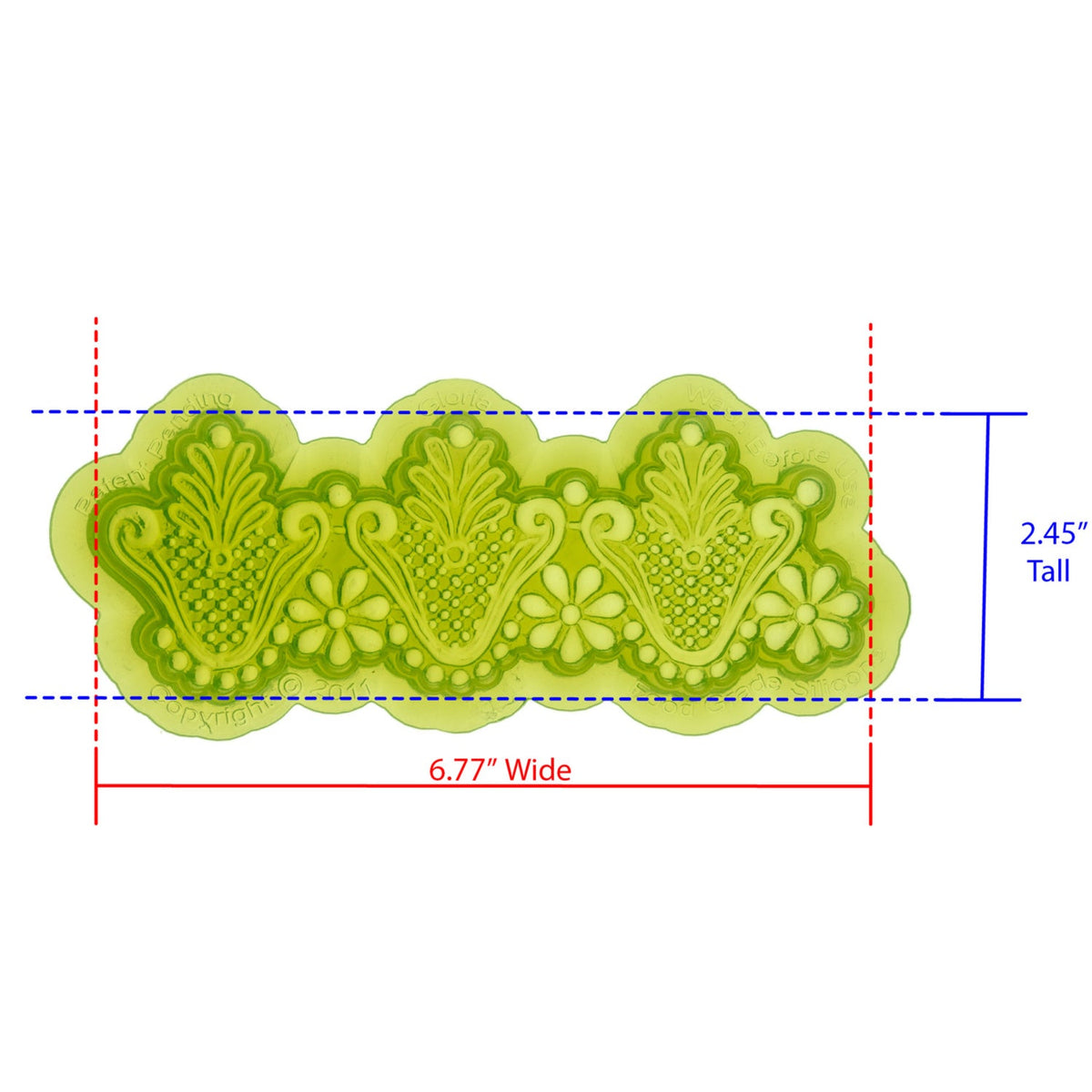 Gloria Lace Silicone Mold Cavity Measures 6.77 inches Wide by 2.45 inches Tall, proudly Made in USA