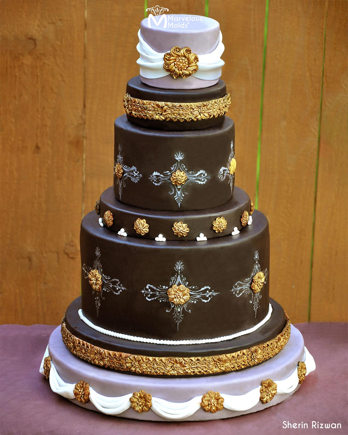 Wedding Cake Decorated with Gold Embellishments, Created With Marvelous Molds Arabesque Small and Medium Floral Medallions