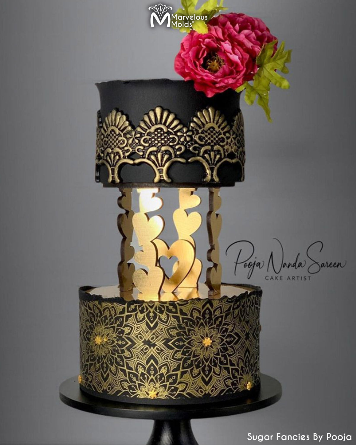 Black and Gold Heart Themed Cake decorated using the Colette Lace Mold by Marvelous Molds