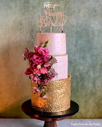 Pink and Gold Birthday Cake Decorated with the Sequin Jubilee Simpress Silicone Mold by Marvelous Molds