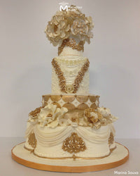White and Gold Vintage Style Wedding Cake Decorated Using the Marvelous Molds Mary Lace Silicone Mold