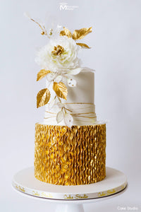 Gold and White Wedding Cake Decorated with the Straight Up Vertical Ruffle Simpress Silicone Mold