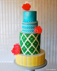 Bright and Colorful Patterned Cake Decorated Using Marvelous Molds Damask Pattern Silicone Onlay