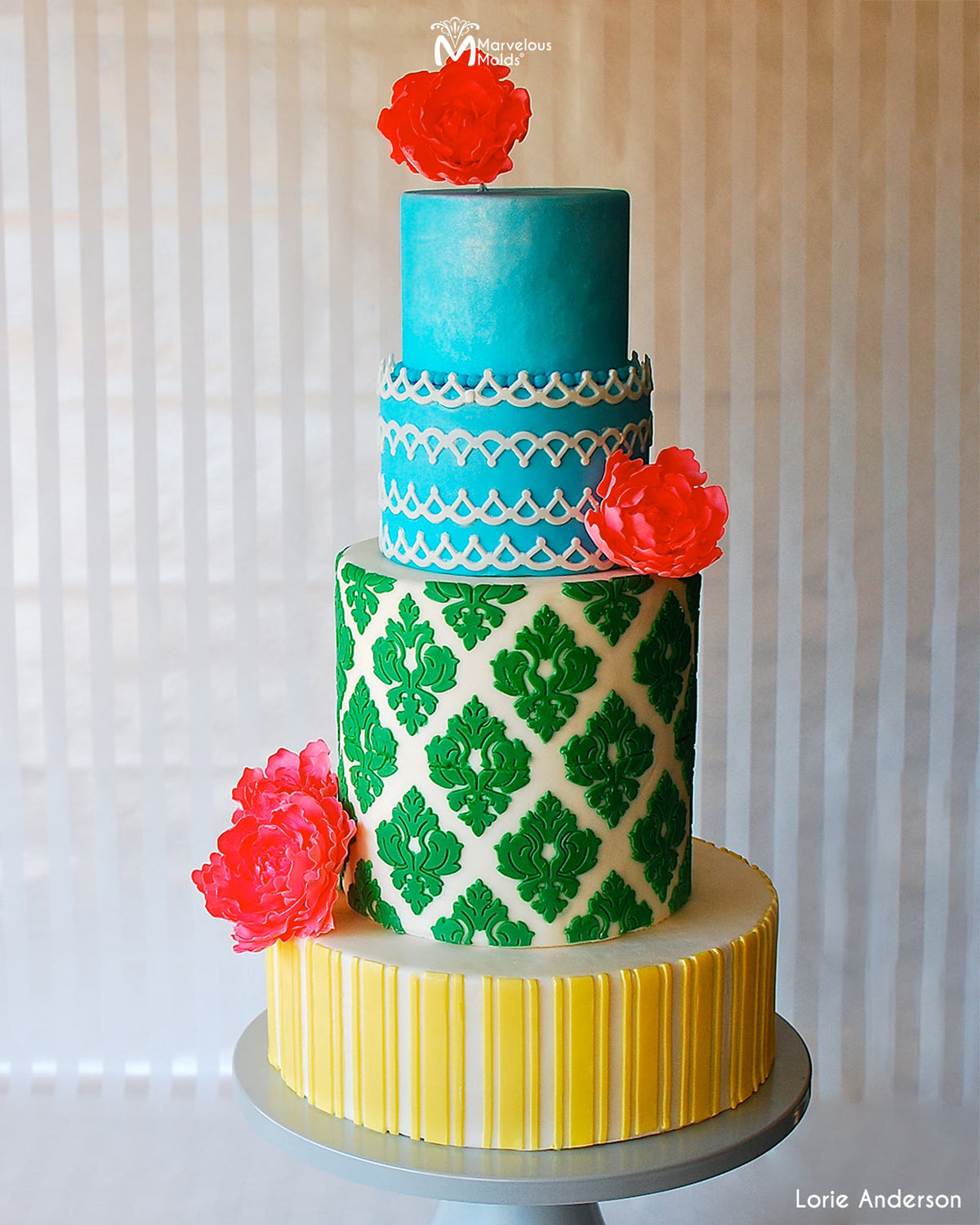 Colorful Cake Decorated Using the Marvelous Molds Regalia Silicone Onlay Cake Stencil Mold