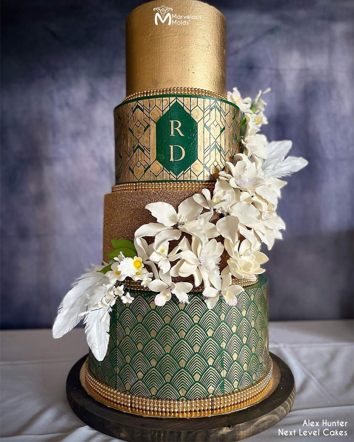 Emerald and Gold Wedding Cake decorated using the Classic Pearl Border by Marvelous Molds