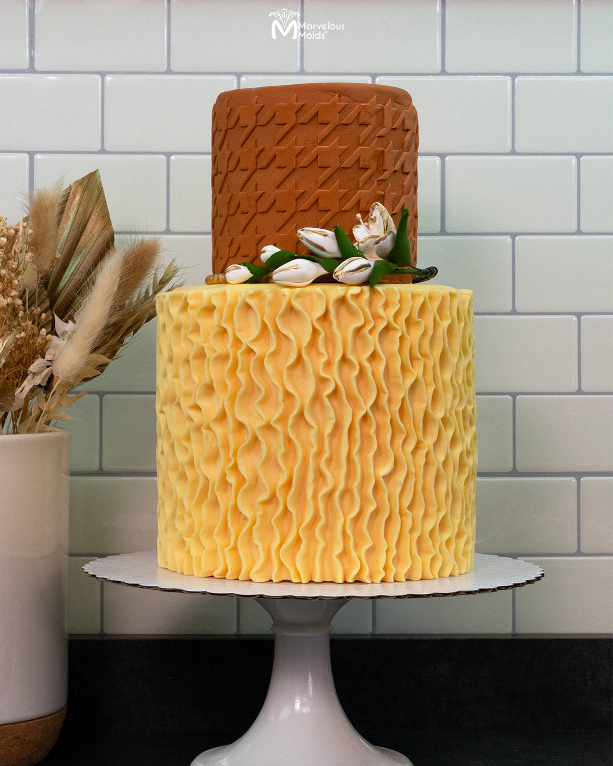 Fall Themed Wedding Cake Decorated with the Straight-Up Ruffle Simpress Silicone Mold by Marvelous Molds