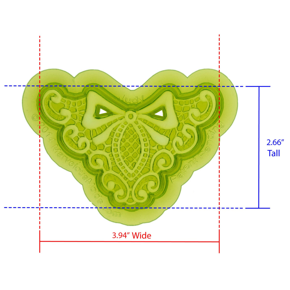Judy Lace Silicone Mold Cavity measures 3.94 inches Wide by 2.66 inches Tall, proudly Made in USA