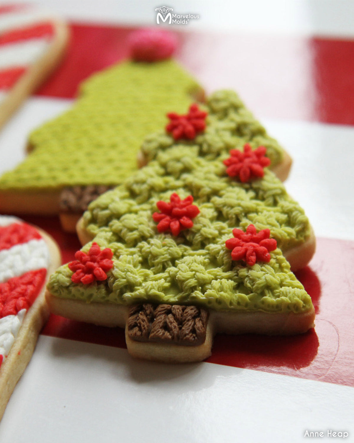 Knit Texture Christmas Tree Cookie Decorated with the Trinity Knit Simpress Silicone Mold by Marvelous Molds