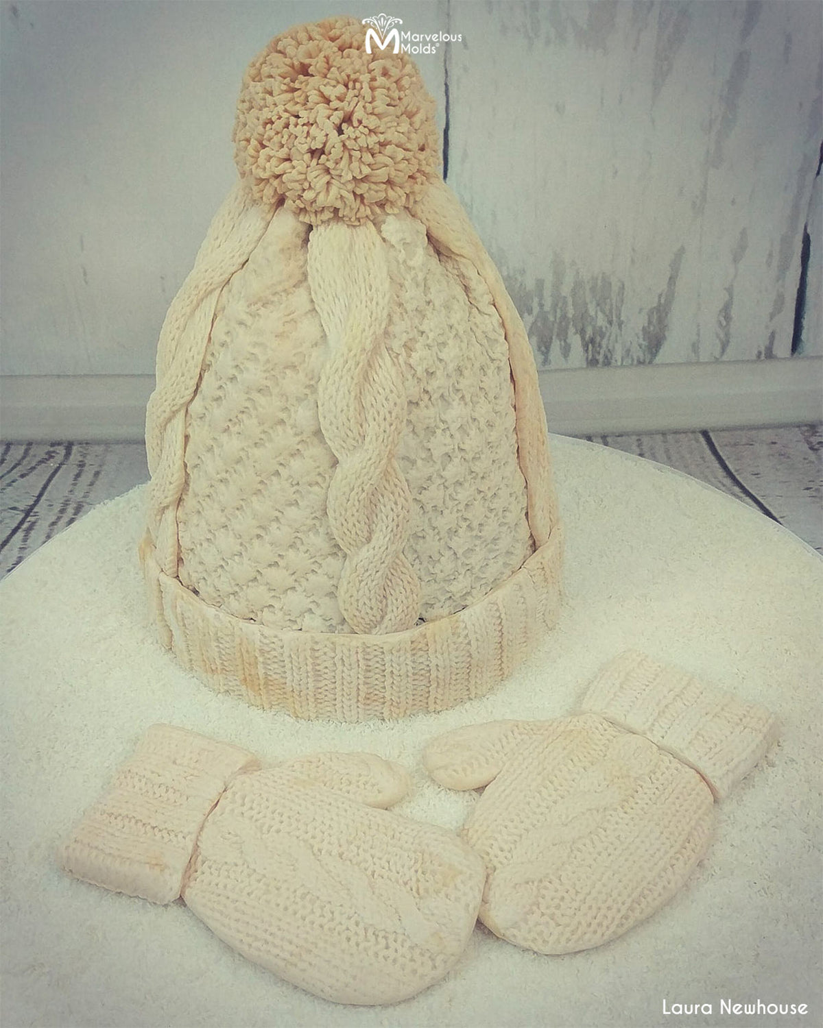 Knit and Mittens Cake decorated using Marvelous Molds Cable Knit Border Mold