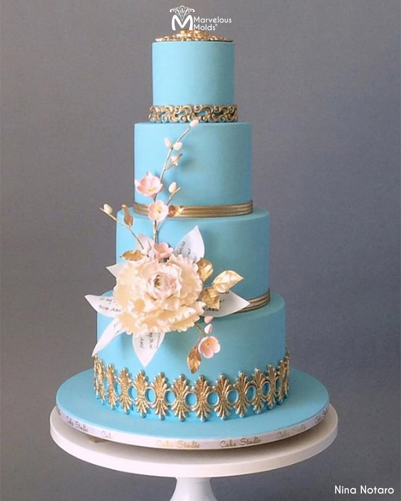 Tiffany Blue Wedding Cake with Gold Borders Decorated Using the Karen Lace Silicone Mold by Marvelous Molds