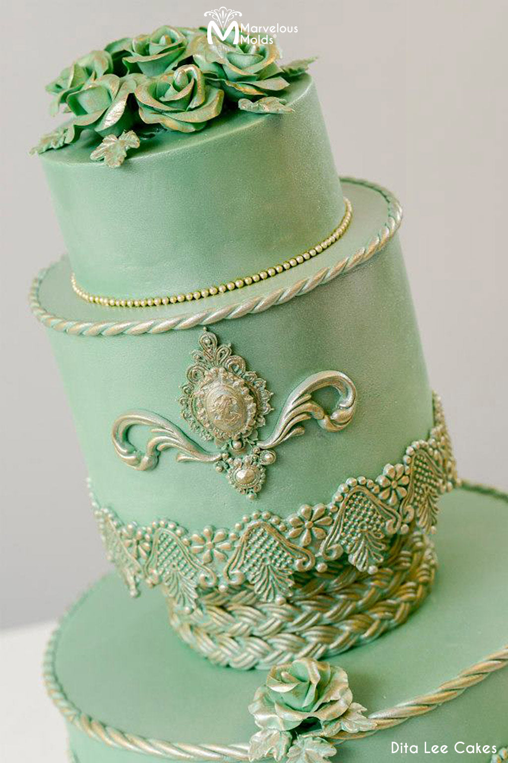 Jade Green Wedding Cake Decorated with the Gloria Lace Mold by Marvelous Molds