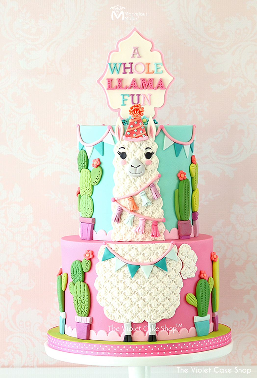 Llama Birthday Cake Decorated Using the Trinity Knit Simpress Silicone Mold by Marvelous Molds