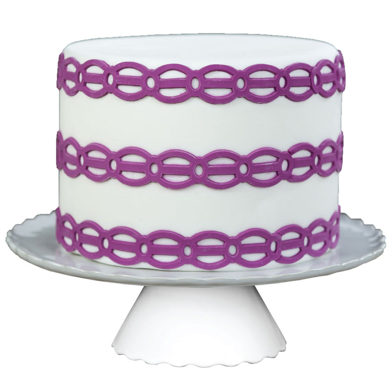 Decorated Cake Image showing the Lovely Links Food Safe Silicone Onlay for Fondant Cake Decorating by Marvelous Molds