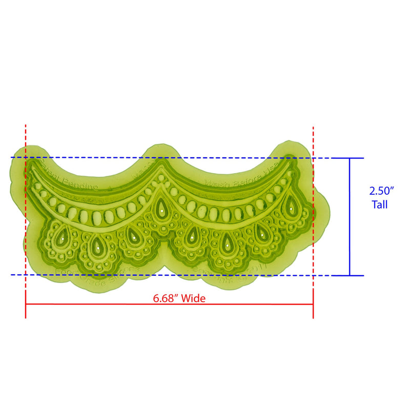 Mandy Lace SIlicone Mold Cavity measures 6.68 inches wide by 2.50 inches tall, Proudly Made in USA