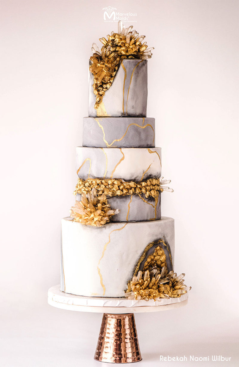 Marble and Geode, Gold Detailed Rock Candy Faultline Wedding Cake Decorated Using Marvelous Molds Diamonds in the Rough Silicone Simpress Mold