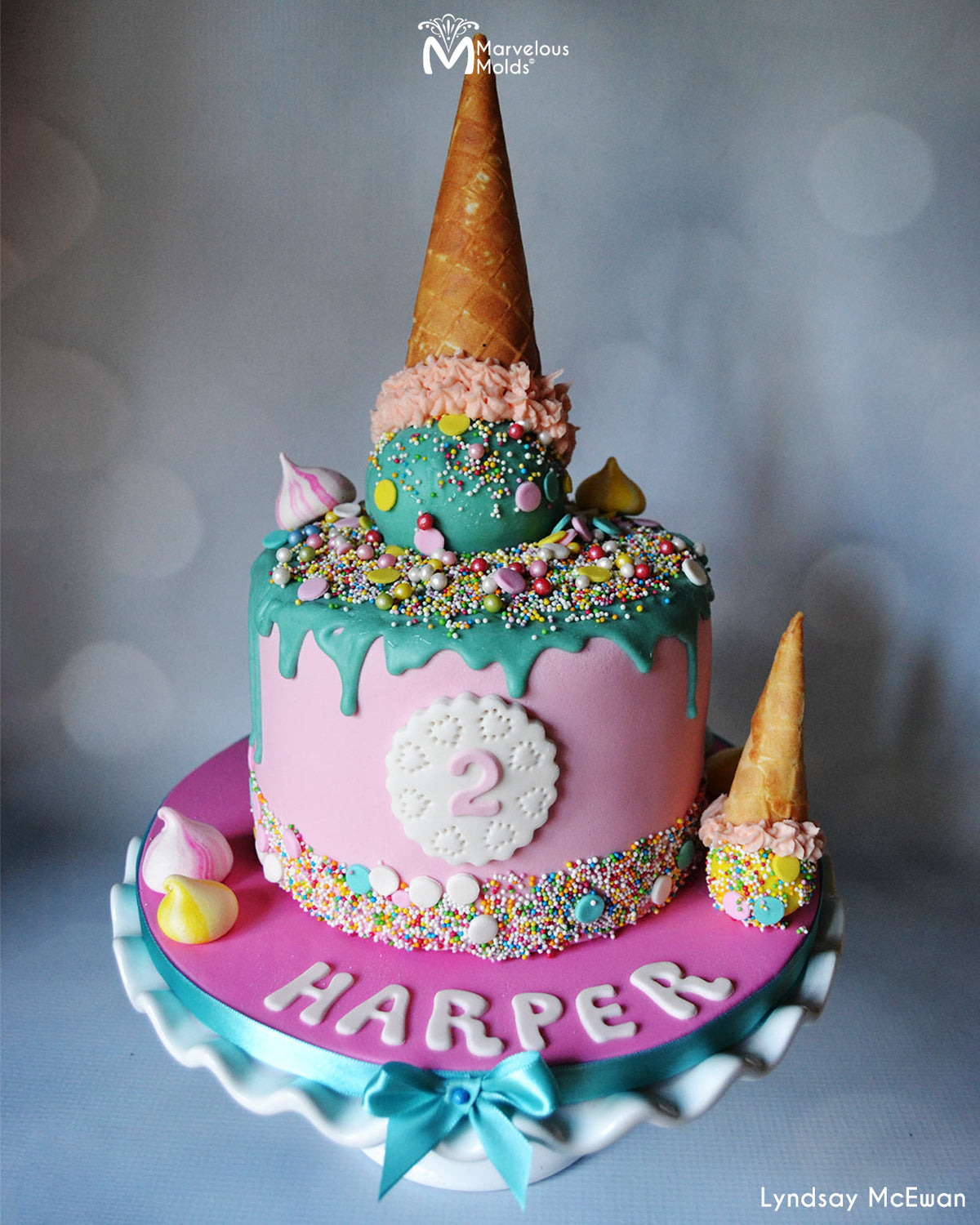 Dripping effect Ice Cream Cone Birthday cake decorated using the Bubble Uppercase Font Flexabet Letter Cutter by marvelous Molds