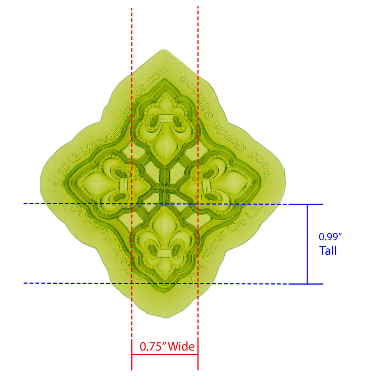 Mini Fleur De Lis Silicone Mold Cavity Measures .75 inches by .99 inches Tall, proudly Made in USA