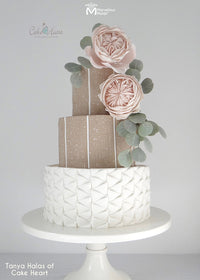 White and Beige Wedding Cake with Eucalyptus Topper, Decorated Using the Marvelous Molds Ribbon Ruffle Simpress Silicone Mold
