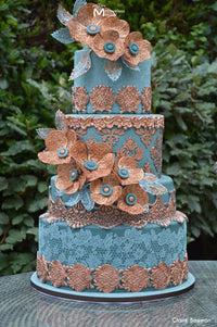 Blue and Rose Gold Lace Wedding Cake Decorated with Marvelous Molds Lydia Lace Silicone Mold