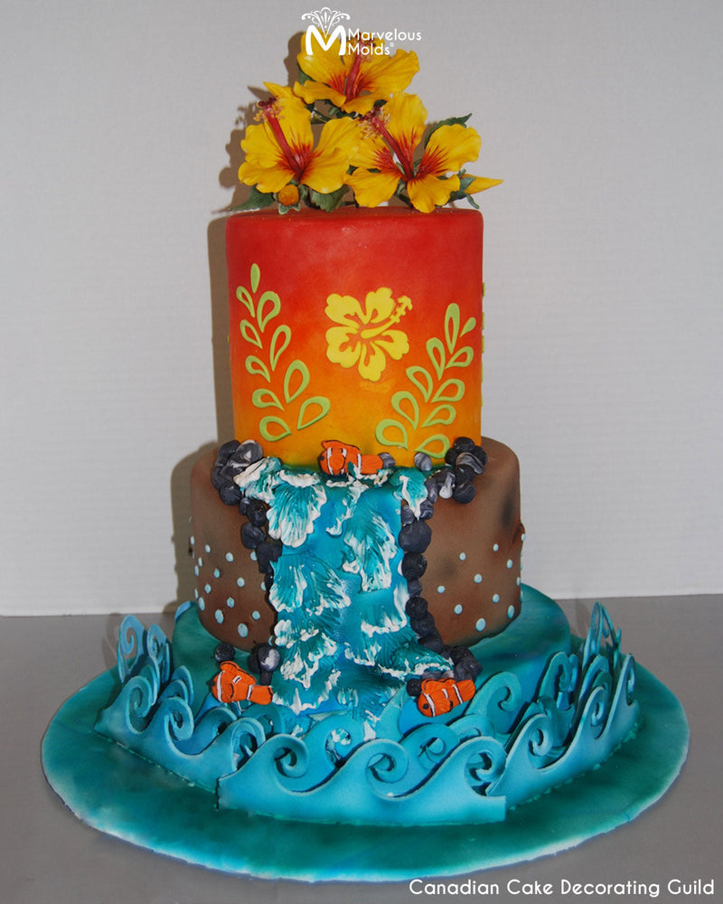 Hawaiian Themed Birthday Cake Decorated with Splash Silicone Onlay Cake Stencil Mold by Marvelous Molds