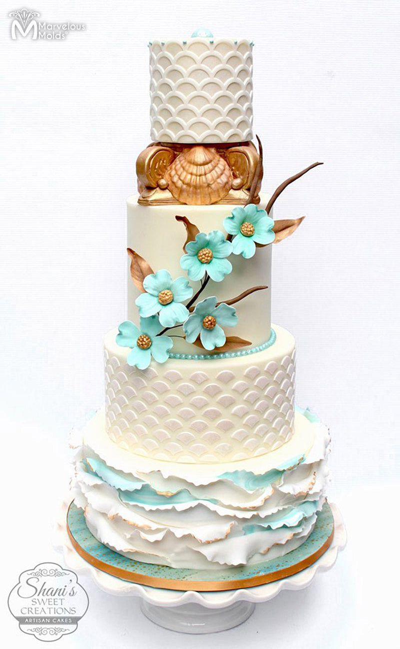 Ocean or Nautical Wedding Cake Decorated with Marvelous Molds Scalloped Lattice Silicone Onlay