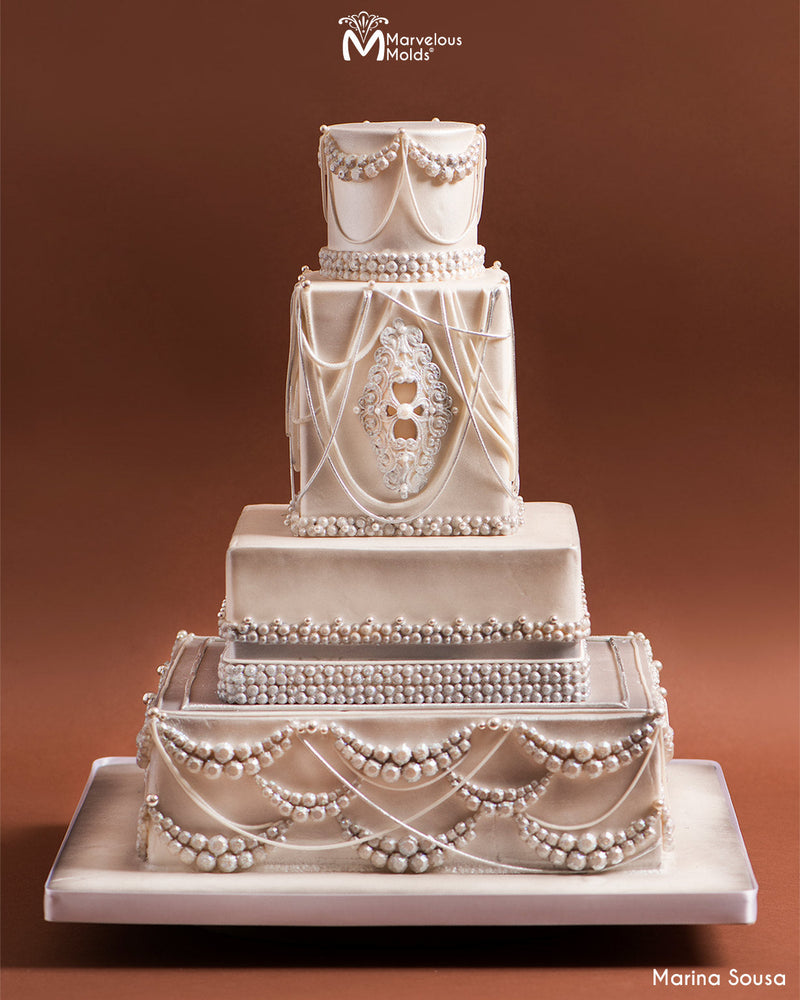 Elegant String Work Wedding Cake Decorated with Enchanting Brooch Mold by Marvelous Molds