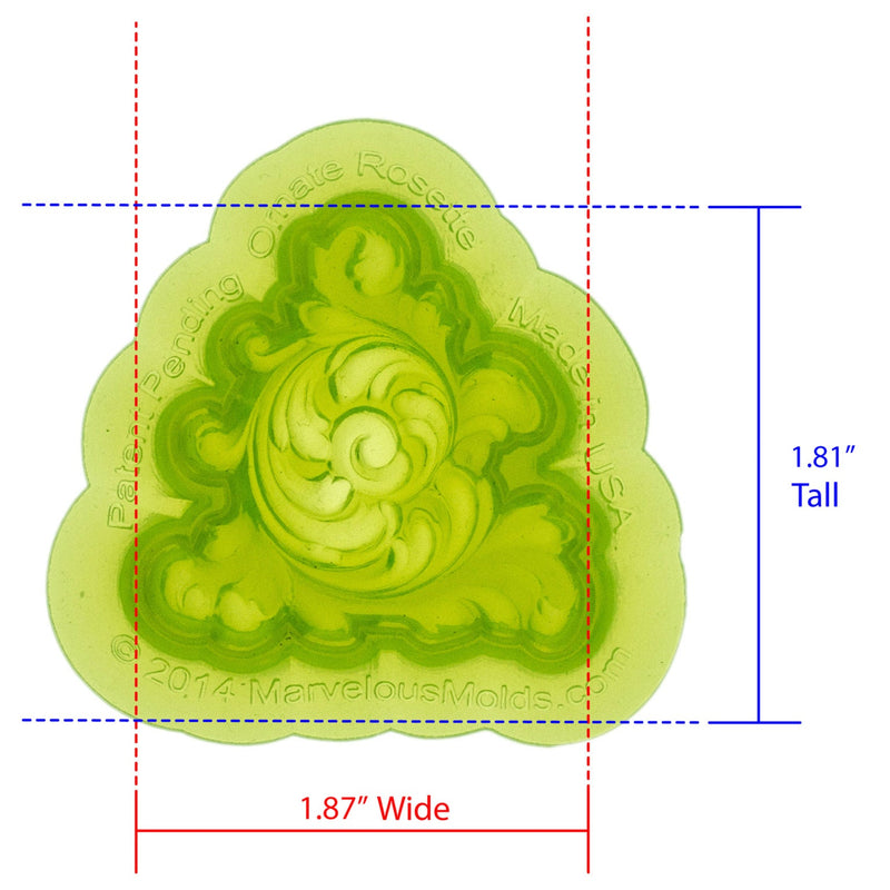 Ornate Rosette Silicone Mold Cavity measures 1.87 inches Wide by 1.81 inches Tall, proudly Made in USA