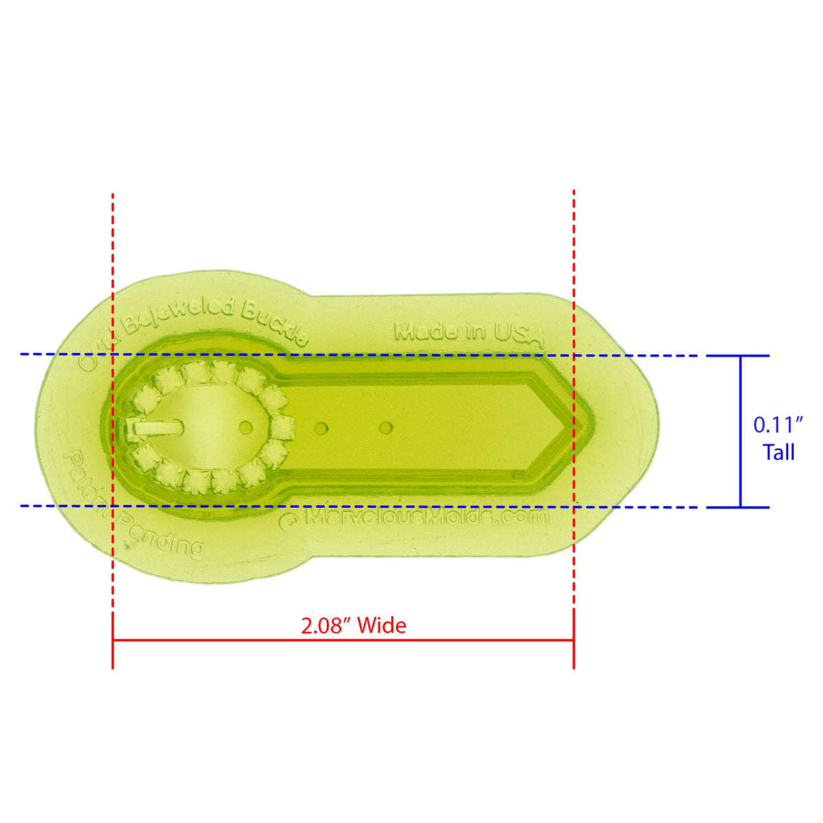 Oval Bejeweled Buckle Silicone Mold Cavity measures 2.08 inches Wide by .11 inches Tall, proudly Made in USA