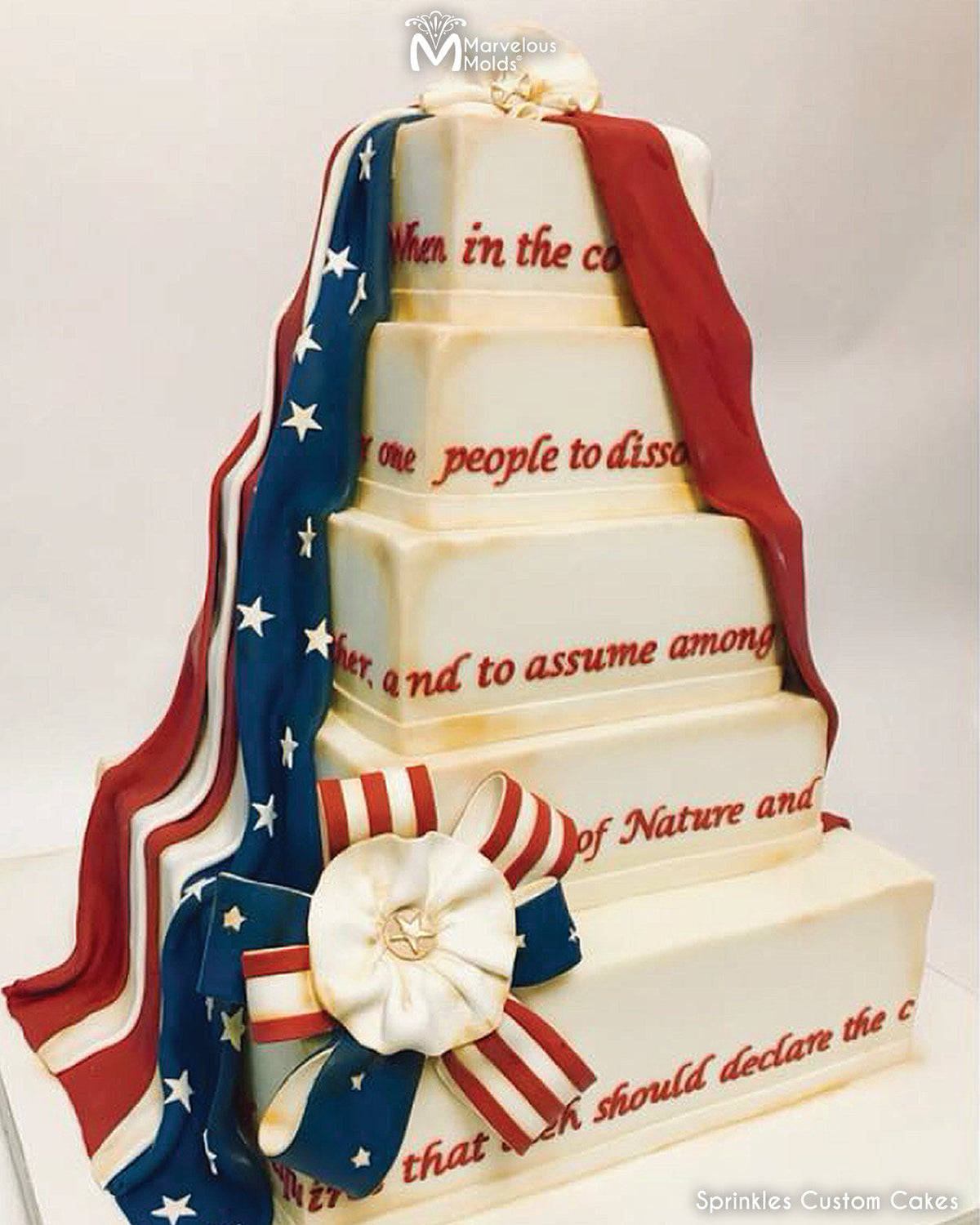 Patriotic, Fourth of July Memorial Cake decorated using the calligraphy Lowercase Flexabet Lettter Cutter by Marvelous Molds