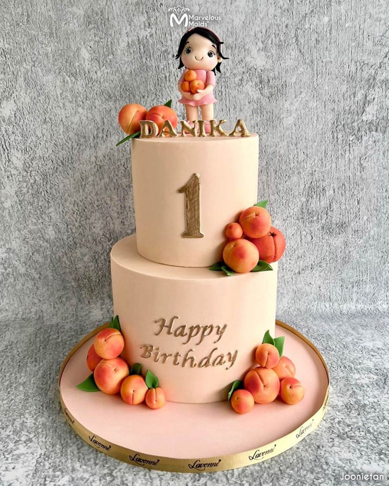 Peach themed Happy Birthday Cake Decorated using the Calligraphy Lettering Flexabets by Marvelous Molds