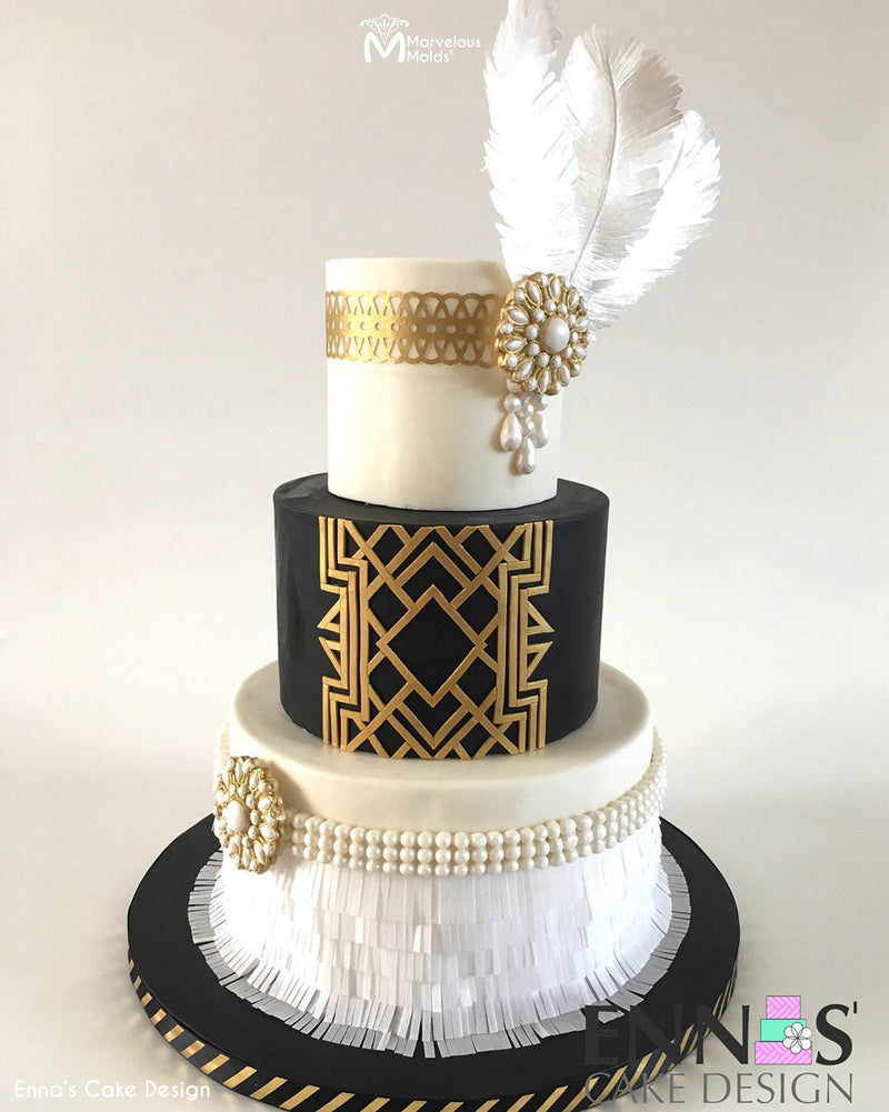 Pearl, Frill, and Feather styled Gatsby Cake decorated using the Classic Pearl Border by Marvelous Molds