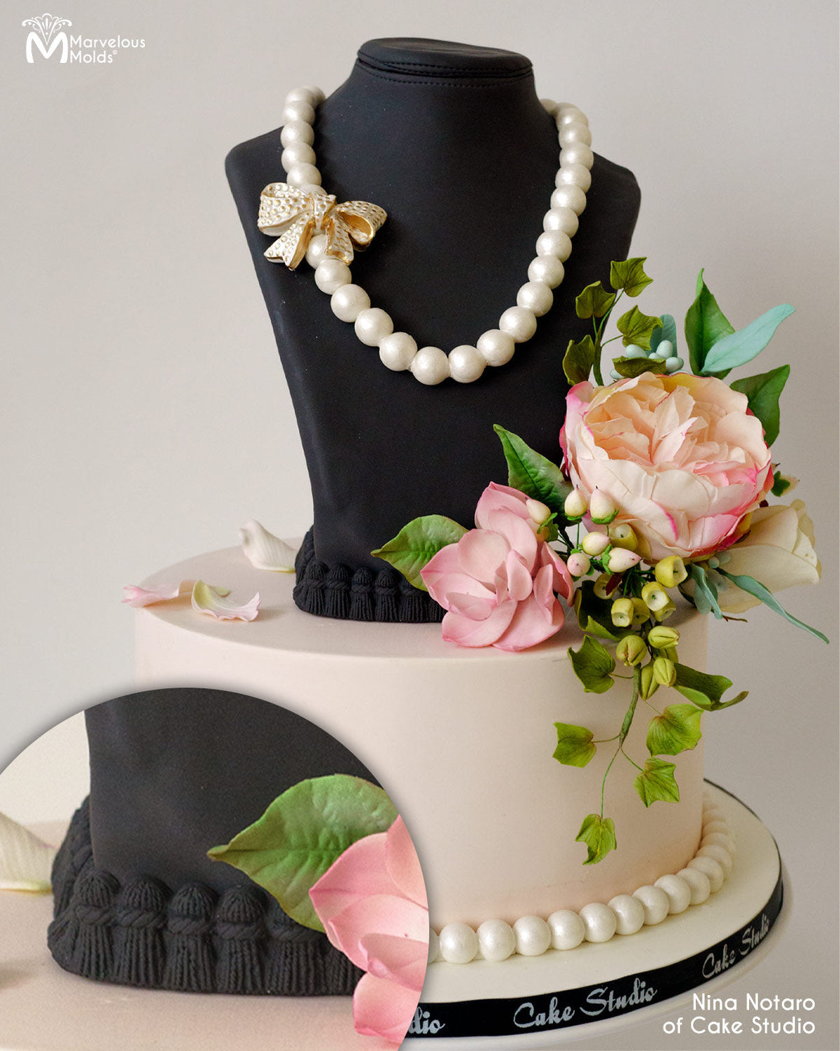 Cake Bust with Edible Pearl Necklace, Bordered with the Marvelous Molds Grand Tassel Border Food Safe Silicone Mold