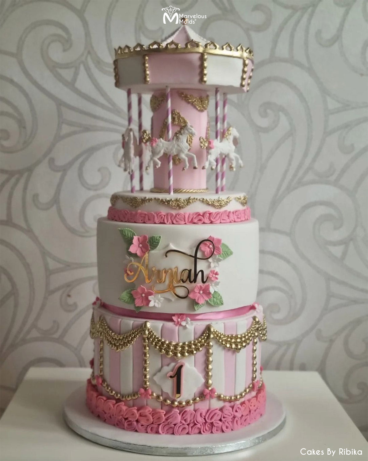 Carousel Pink Birthday Cake Decorated With the Classic Pearl Swag by Marvelous Molds