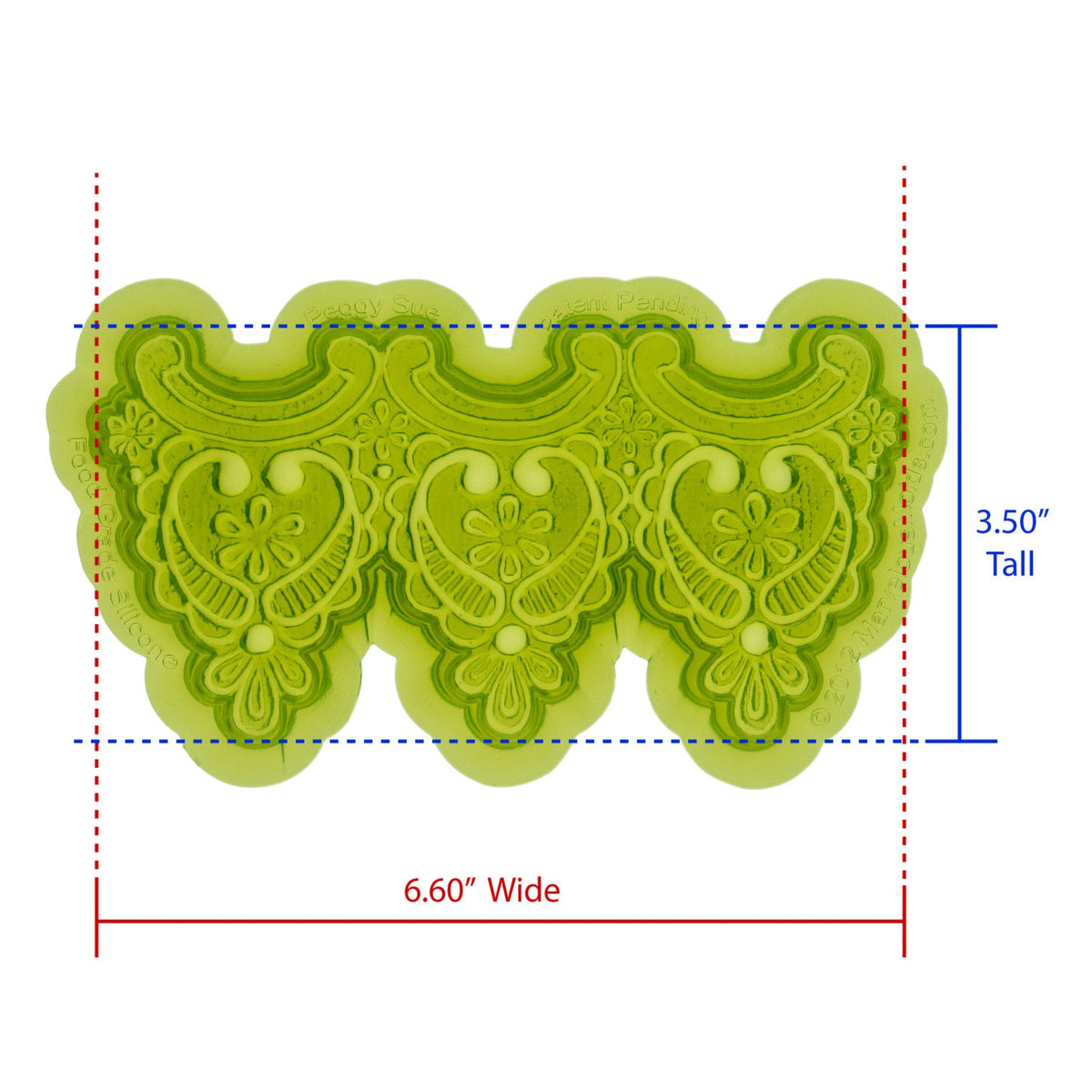 Peggy Sue Lace Silicone Mold Cavity measures 6.60 inches Wide by 3.50 inches Tall, proudly Made in USA