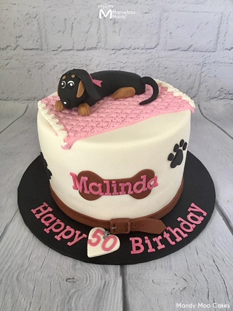 Wiener Dog 50th Birthday Cake Decorated with the Typewriter Lettering Flexabet Happy Birthday Silicone Mold
