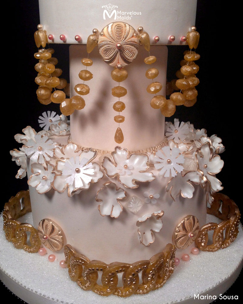 Close Up of Embellished Wedding Cake, Displaying the Decorations Created by the Marvelous Molds Regal Button Silicone Mold
