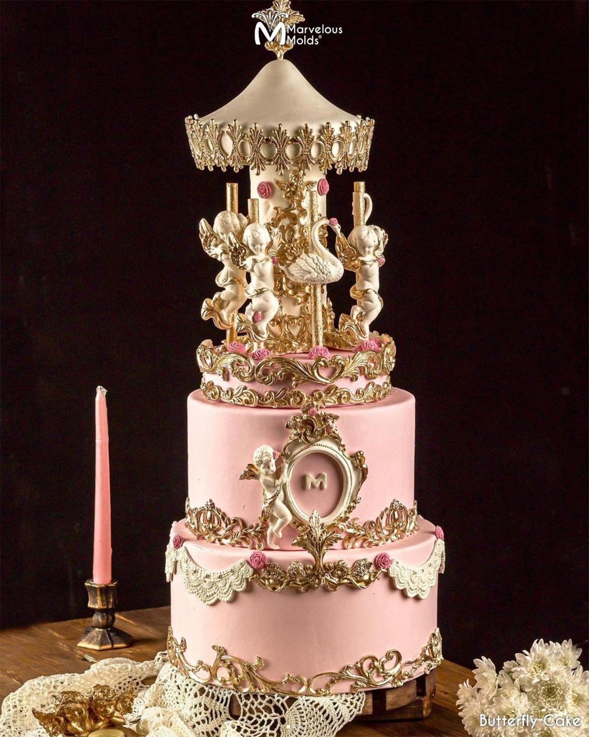 Angel Carousel Wedding Cake Decorated Using the Marvelous Molds Karen Lace Silicone Mold