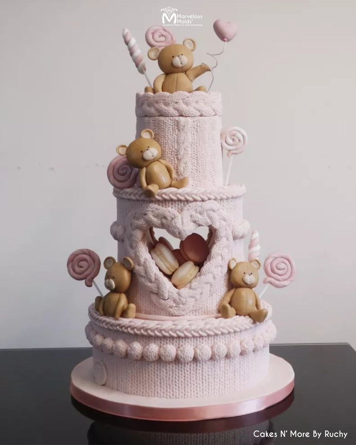 Pink Knit Teddy Bear Birthday Cake using Marvelous Molds Classic Knit Simpress