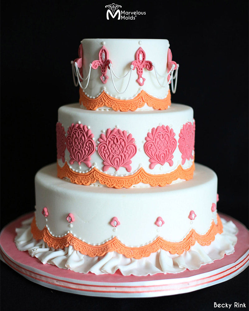 Pink and Orange Themed Lace Decorated Cake Using Marvelous Molds Angie Lace Silicone Mold
