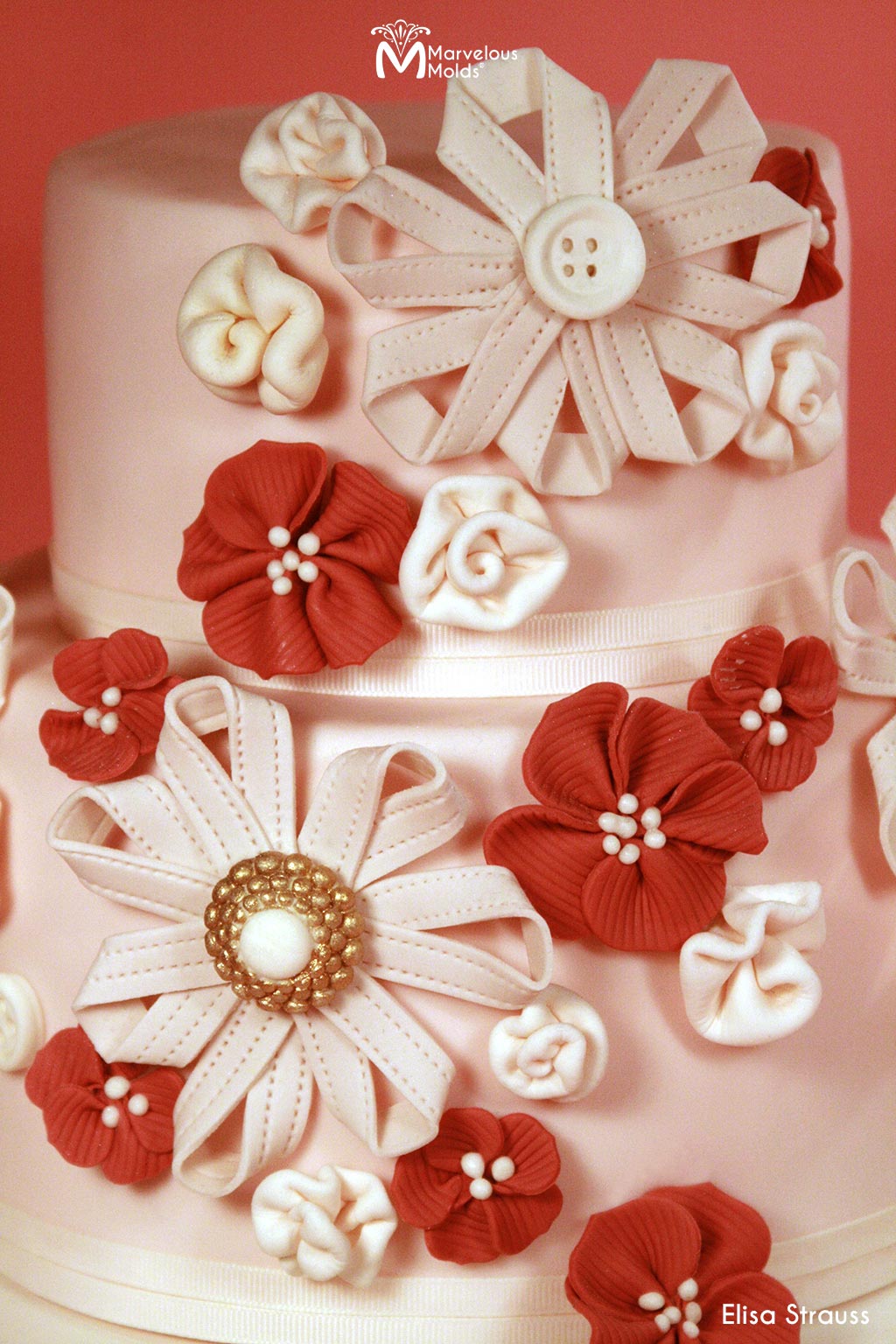Pink and Red Floral Cake with Marvelous Molds Basic Buttons Mold