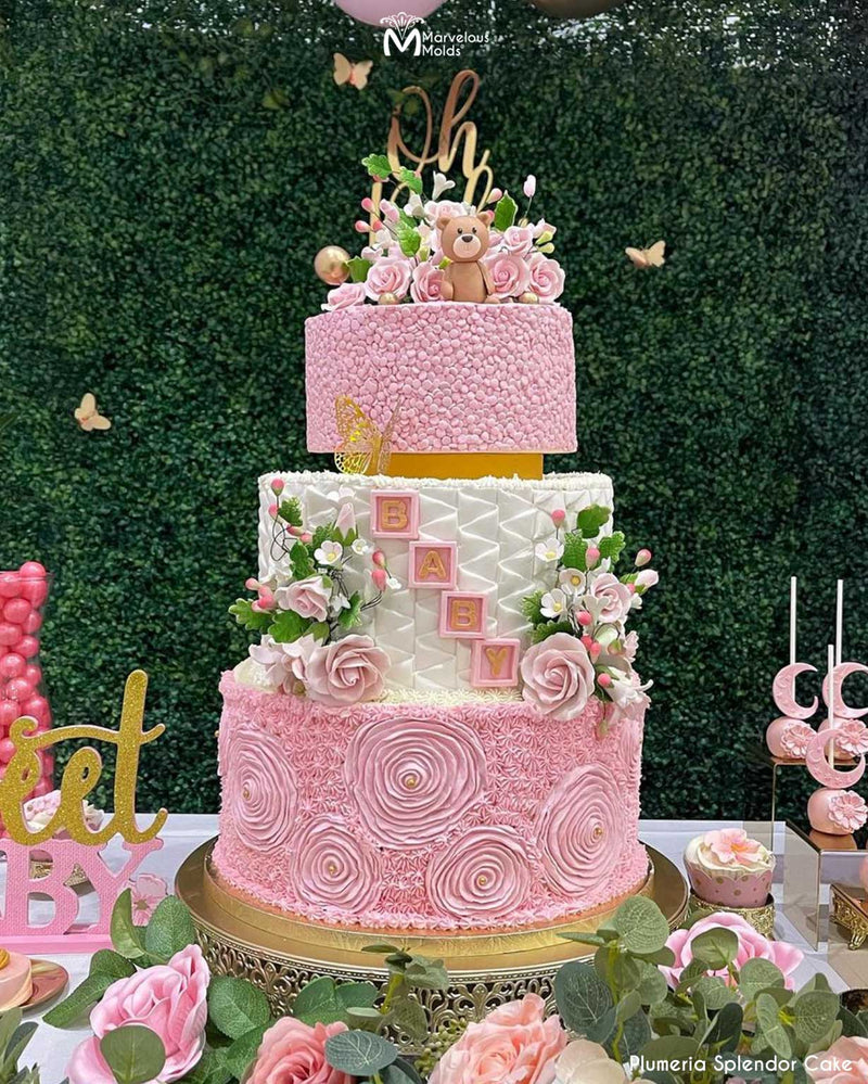 Pink Baby Shower Cake Decorated Using the Marvelous Molds Ribbon Ruffle Silicone Simpress Mold for Fondant Cake Decorating