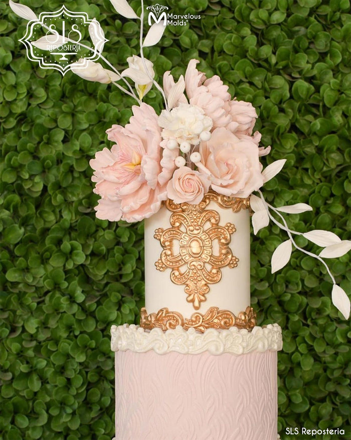 Pink and White Wedding Cake Decorated using the Marvelous Molds Kelly Lace Border Silicone Mold
