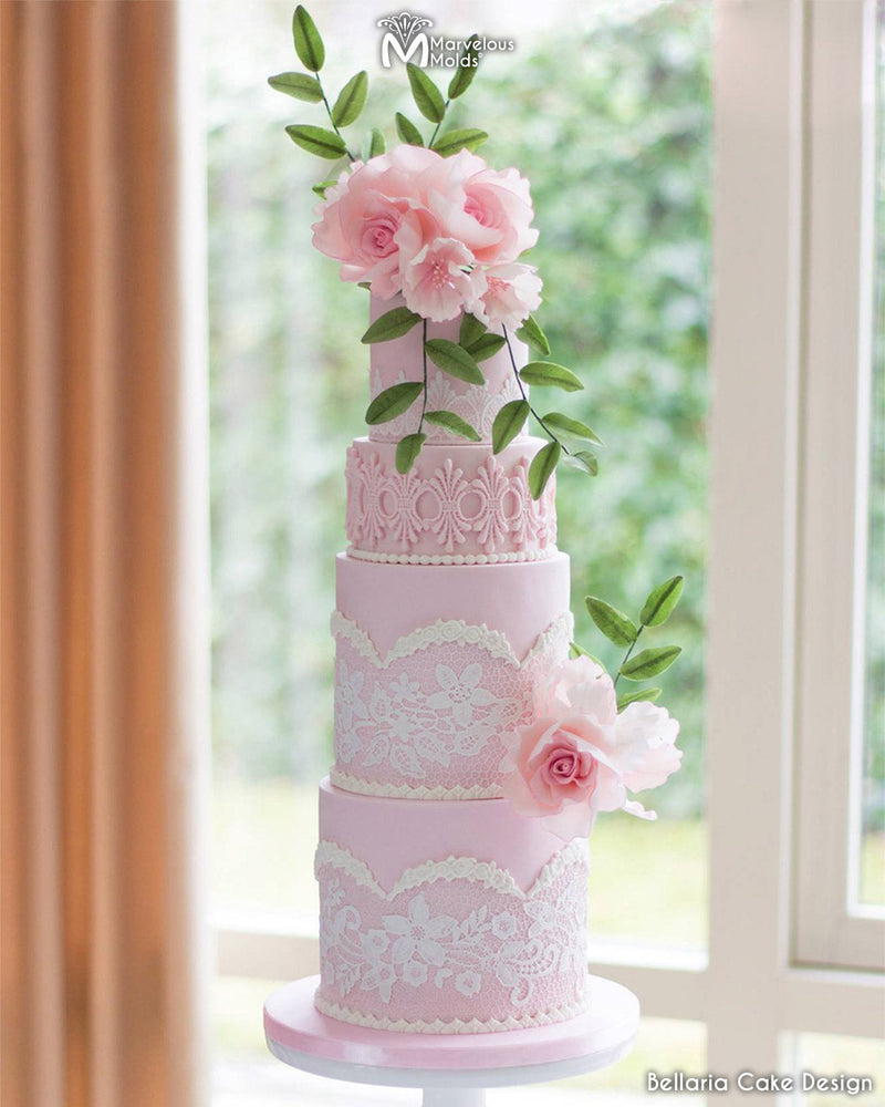 Pink Lace Decorated Wedding Cake Created Using the Marvelous Molds Karen Lace Silicone Mold