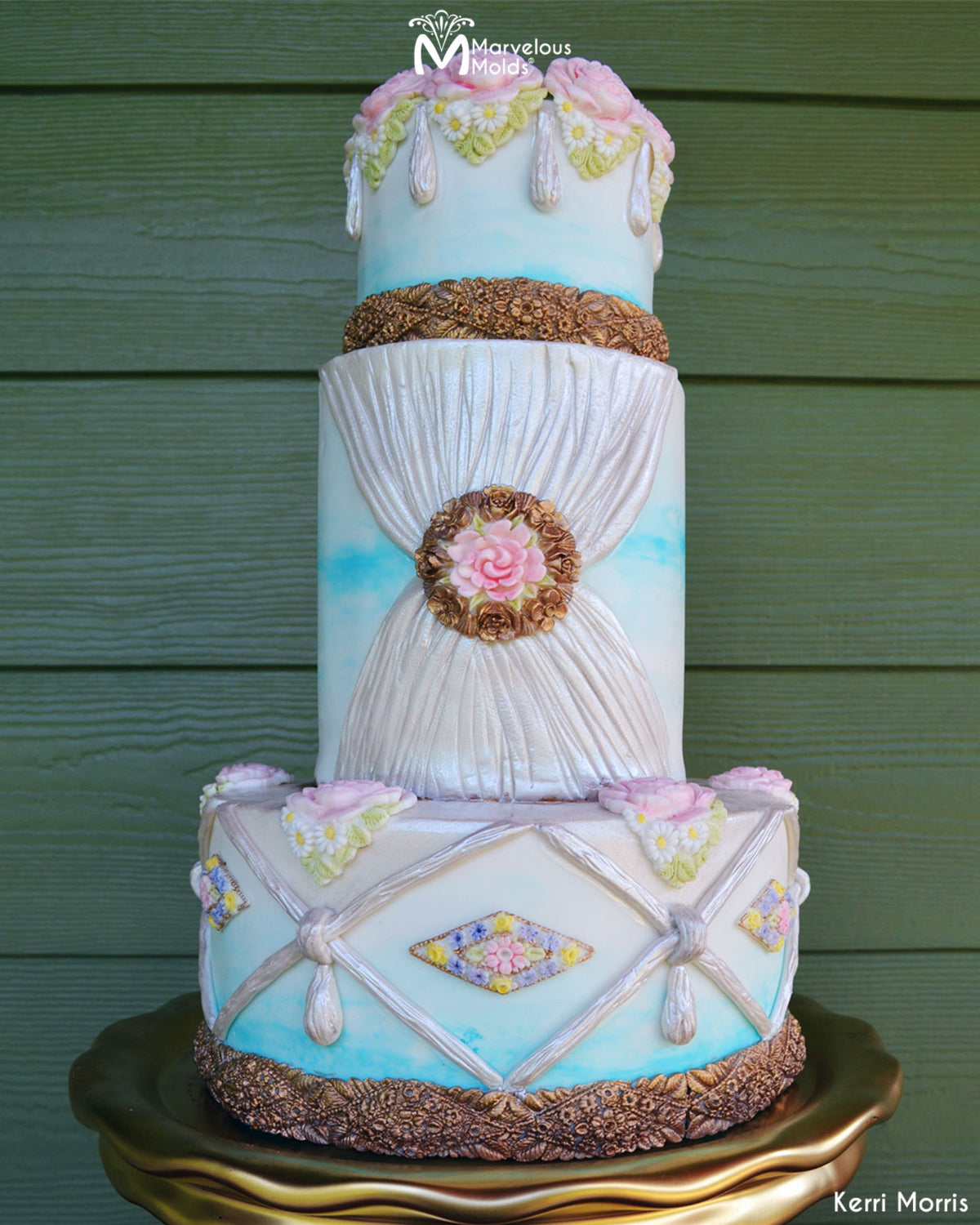 Rainbow Sherbet Cake Decorated Using the Serenade Medallion Mold by Marvelous Molds