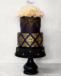 Gold Detailed Black Cake Decorated Using Marvelous Molds Damask Pattern Silicone Onlay