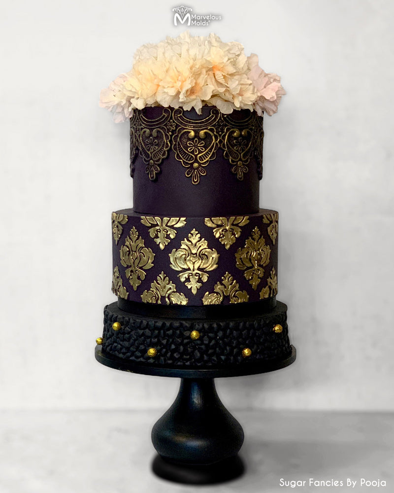Gold Detailed Black Cake Decorated Using Marvelous Molds Damask Pattern Silicone Onlay